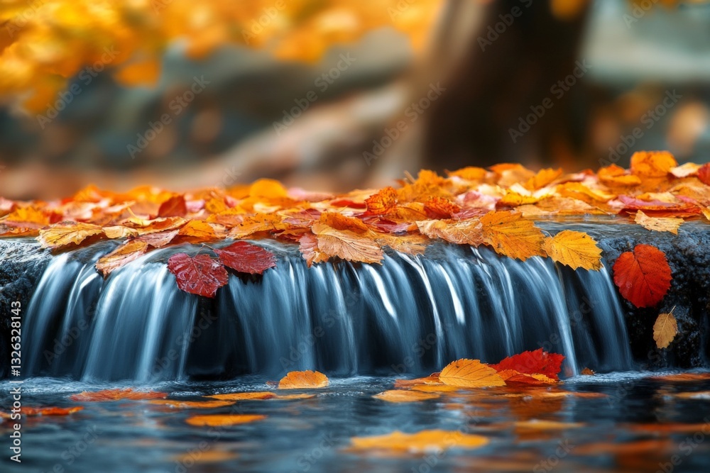 Poster autumn leaves drift over a gentle waterfall, creating a serene landscape in a quiet forest stream