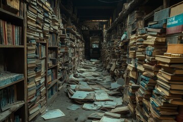 Fototapeta premium Forgotten library filled with stacked books and scattered pages in an abandoned space