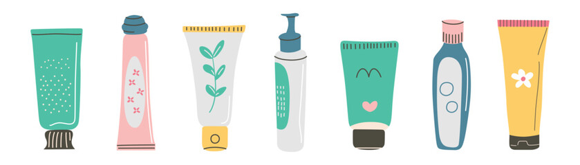 Set of cute skincare and cosmetic products in simple style. Collection of cream tubes, jars, bottles with beauty and self care items. Doodle icons for beauty industry, spa salons, skincare routines