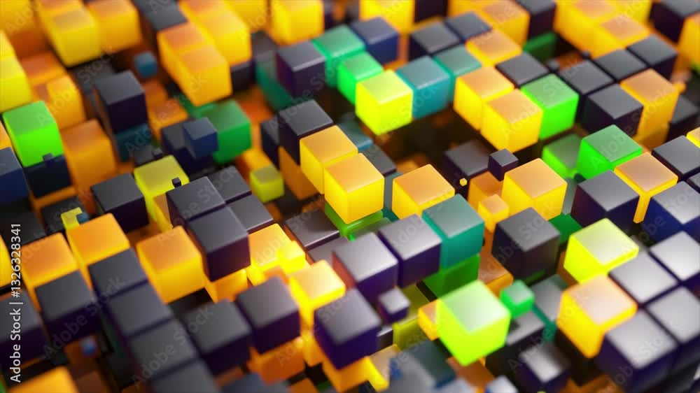 Poster luminous geometric cubes dynamically transforming, shifting colors and creating mesmerizing visual f