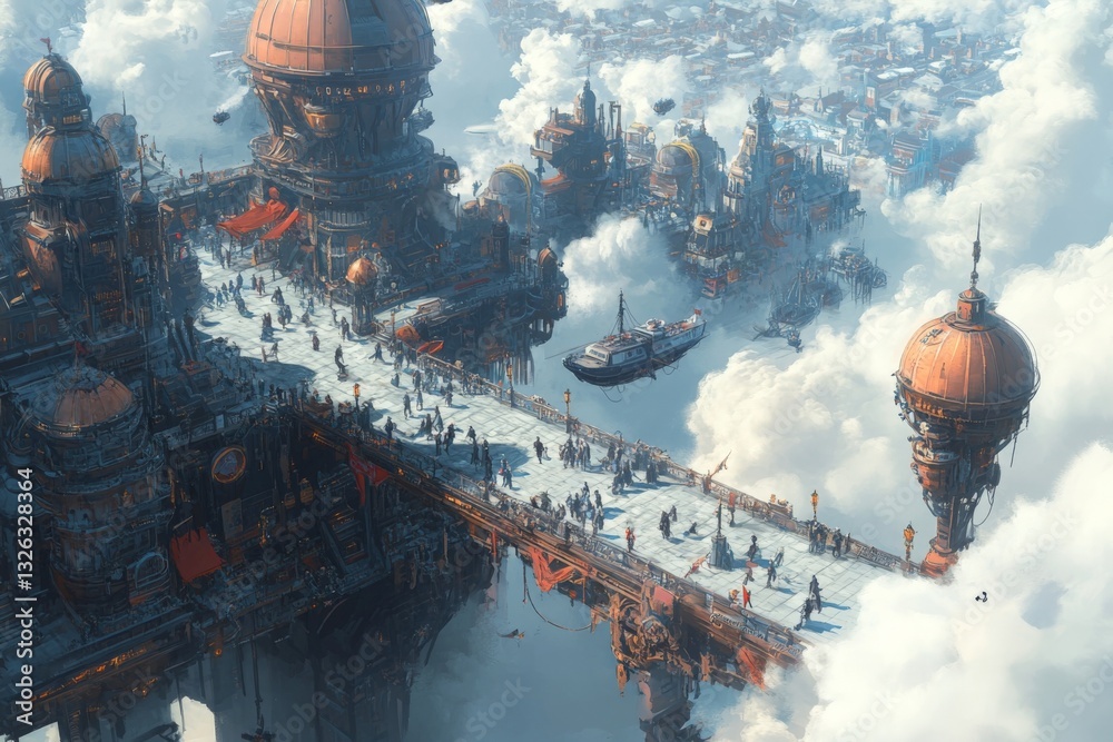 Poster futuristic cityscape with floating structures and bustling activity among clouds at sunset