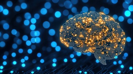 Glowing Brain Design with Circuit Patterns and Blue Bokeh Background