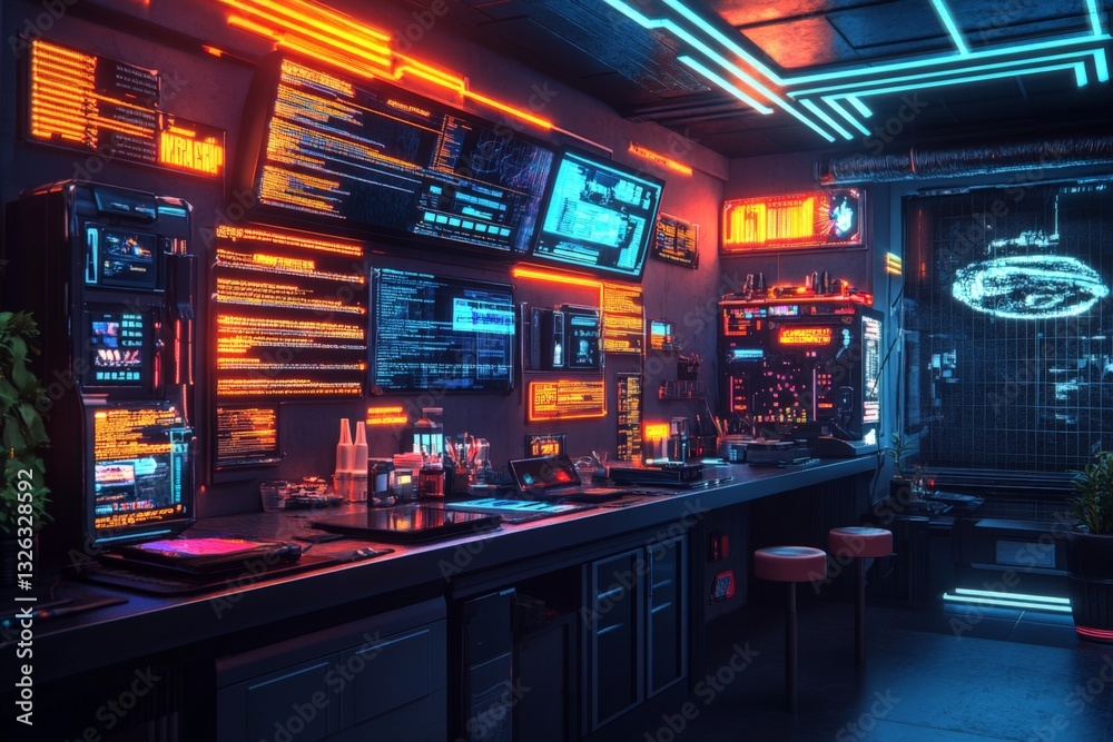 Aufkleber Futuristic cyberpunk workspace with neon lights and multiple screens in an urban setting