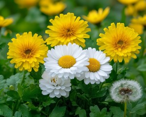 Fototapeta premium Field of White Daisies and Yellow Dandelions in Bright Daylight, Vivid Natural Colors