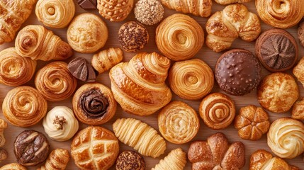 Sweet Temptations: An overhead arrangement showcasing an assortment of freshly baked pastries, including croissants, danishes, and buns, in various shapes and textures.