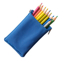 blue pencil case filled with colorful pencils, perfect for art and school supplies, isolated on transparent background