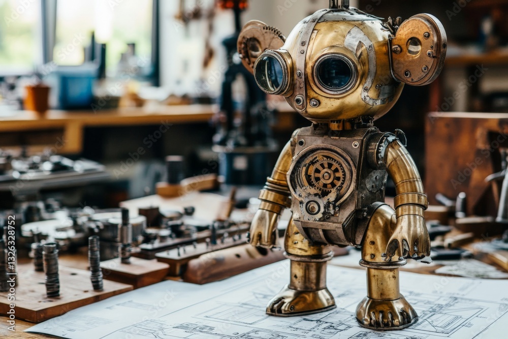 Aufkleber Steampunk robot stands among tools and blueprints in a creative workshop showcasing ingenuity and craftsmanship