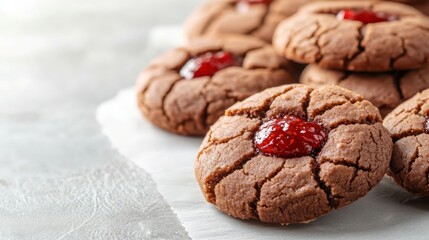 Fototapeta premium Berry-Filled Chocolate Delights: A close-up shot of delicious chocolate cookies with a luscious berry filling, evoking warmth and tempting the taste buds. 