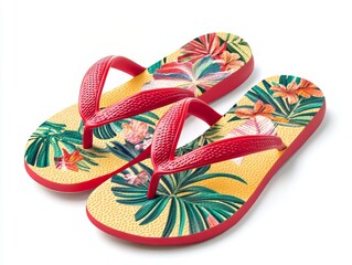 Tropical Flip-Flops: Summer Sandals with Red Straps and Vibrant Floral Print