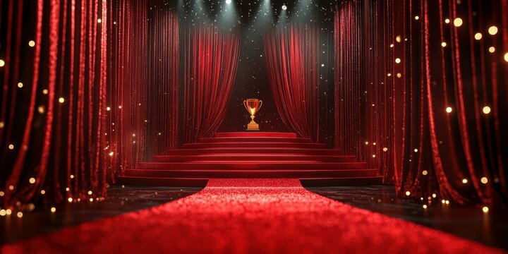 Elegant award stage adorned with red curtains and a golden trophy at center spotlighted by stage lights