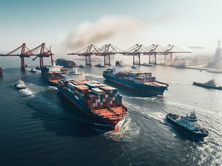 Obraz premium Coastal shipping lanes with vessels moving through large paths, crossing blue waters of commerce