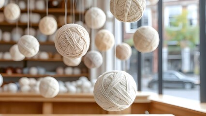 Hanging decorative yarn balls in a shop setting, creating a cozy and artistic atmosphere with natural light. Concept Decorative Yarn Balls, Cozy Shop Atmosphere, Artistic Display, Natural Lighting