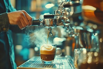 Barista prepares latte in cozy coffee shop during morning rush hour with steam rising from freshly brewed espresso