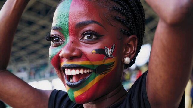 Smiling Zambian sports fan with vibrant flag face paint at a stadium event  
