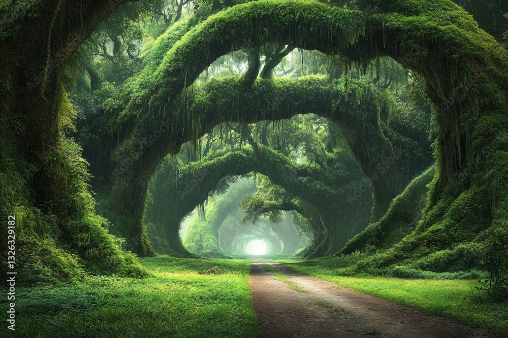 Poster Lush green forest path surrounded by arching trees in a serene natural setting during daytime