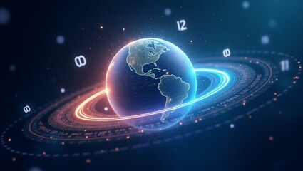 Image of rays around illuminated rotating globe in circles, numbers over abstract background. Digitally generated, hologram, illustration, blue, globalization, growth and technology concept.