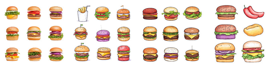 A colorful array of various burger designs, including fries and hot dogs, showcasing diverse toppings and styles.
