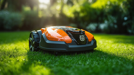 A robot lawn mower navigates across lush green grass, expertly trimming the lawn in a well-kept garden during bright daylight. Its automatic features enhance outdoor maintenance