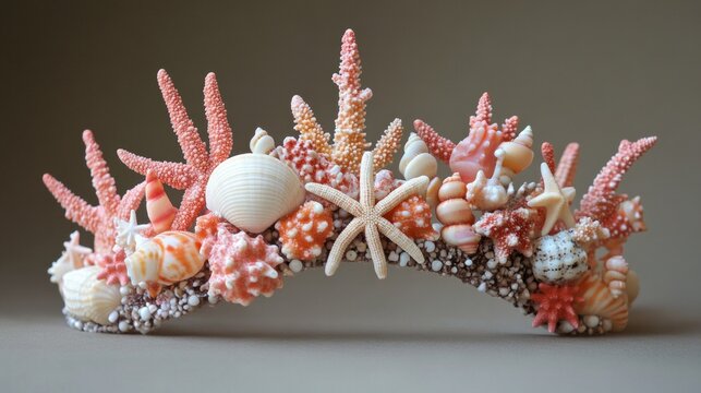 A pink and orange seashell crown with many different types of shells