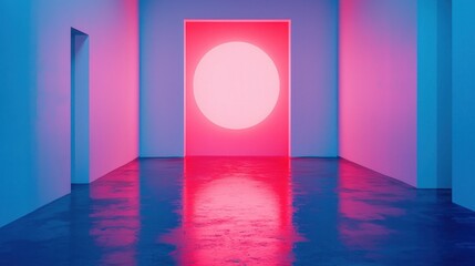 Bright Neon Pink Circle Illuminates Minimalist Room with Blue Walls
