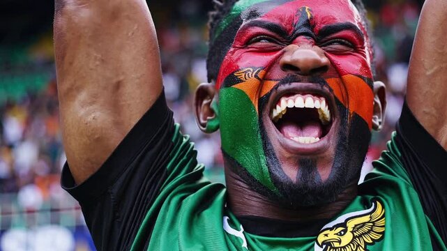 Passionate Zambian sports fan with bold flag face paint celebrating at a stadium  
