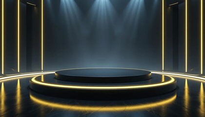 Futuristic Luxury Stage with Golden Neon Lights and Spotlights