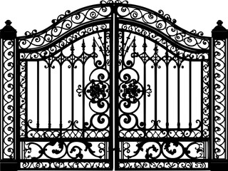 SVG vector features ornate wrought iron gates with gate pillar combinations. Ornate Wrought Iron Gate Design with Elegant Decorative Details