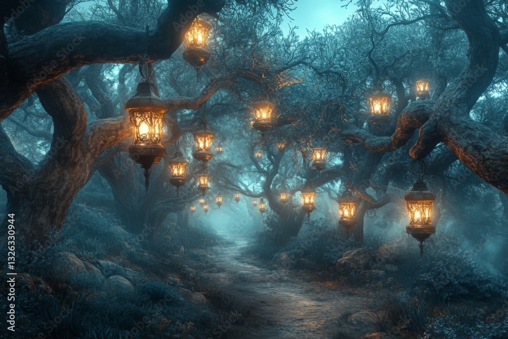 Leinwandbilder magical forest path illuminated by lanterns on a misty evening under ancient trees