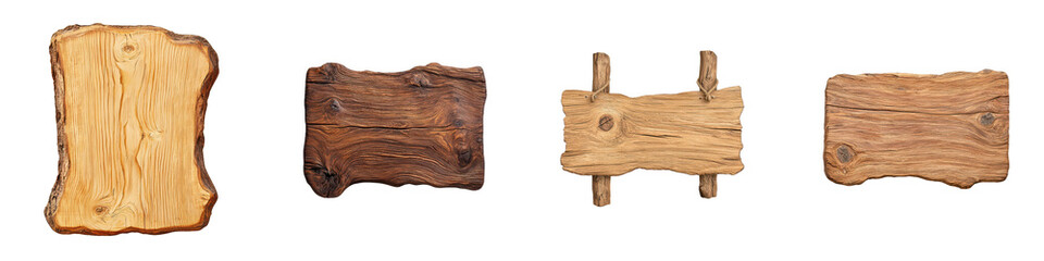 Four wooden planks of varying shapes and finishes, showcasing natural textures and colors typical of wood materials.