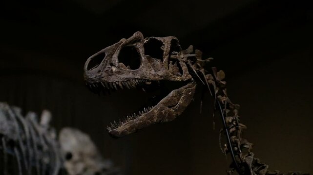 Aufnahme eines Raptor Skeletts, Raptor sch&auml;del vor dunklem hintergrund