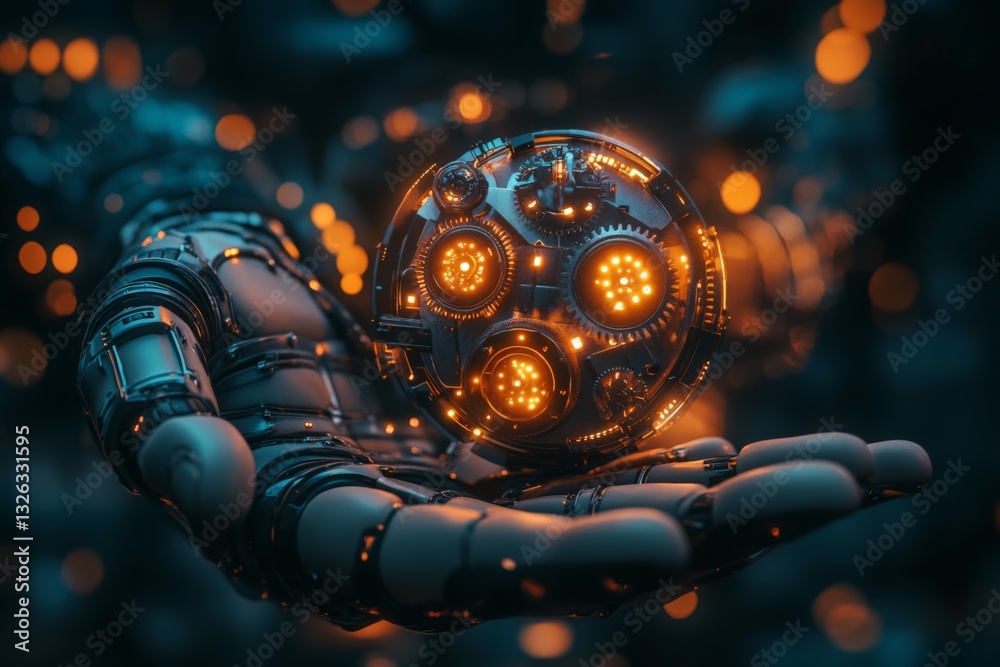 Aufkleber Robotic hand holding a glowing sphere with intricate gears and lights in a futuristic setting