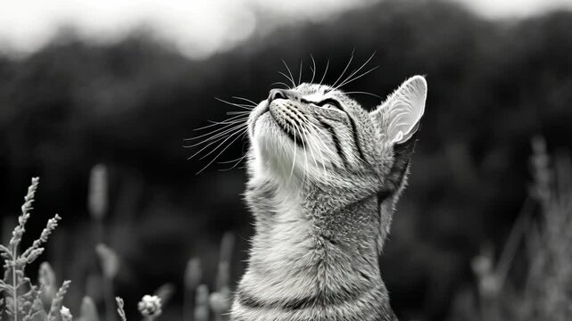 Cat gazing upward with curiosity in a natural outdoor setting during daylight hours