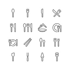 Cutlery and Dining, linear style icons set. Spoons, forks, knives, chopsticks, plates, and dining arrangements. For restaurant menus, food app, kitchen. Editable stroke width
