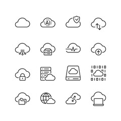 Cloud Computing and Data Storage, linear style icons set. Cloud storage, AI, security, data synchronization, cloud networking, computing, service. Editable stroke width
