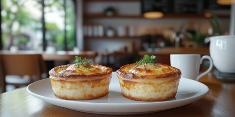 Delicious cream tarts served on a plate in an inviting cafe setting on a sunny afternoon