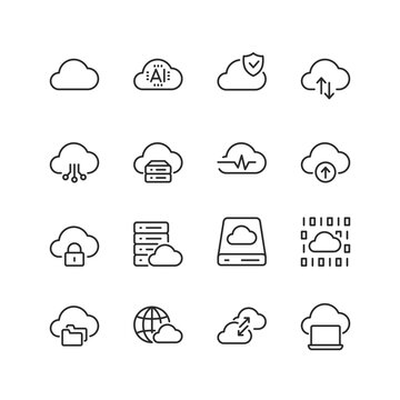 Cloud Computing and Data Storage, linear style icons set. Cloud storage, AI, security, data synchronization, cloud networking, computing, service. Editable stroke width