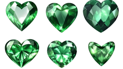 green gems stone collection heart round oval isolated on white background