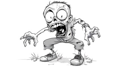 Fototapeta premium Groovy Cartoon Zombie Illustration: A Monochrome Hand-Drawn Design AI Generated