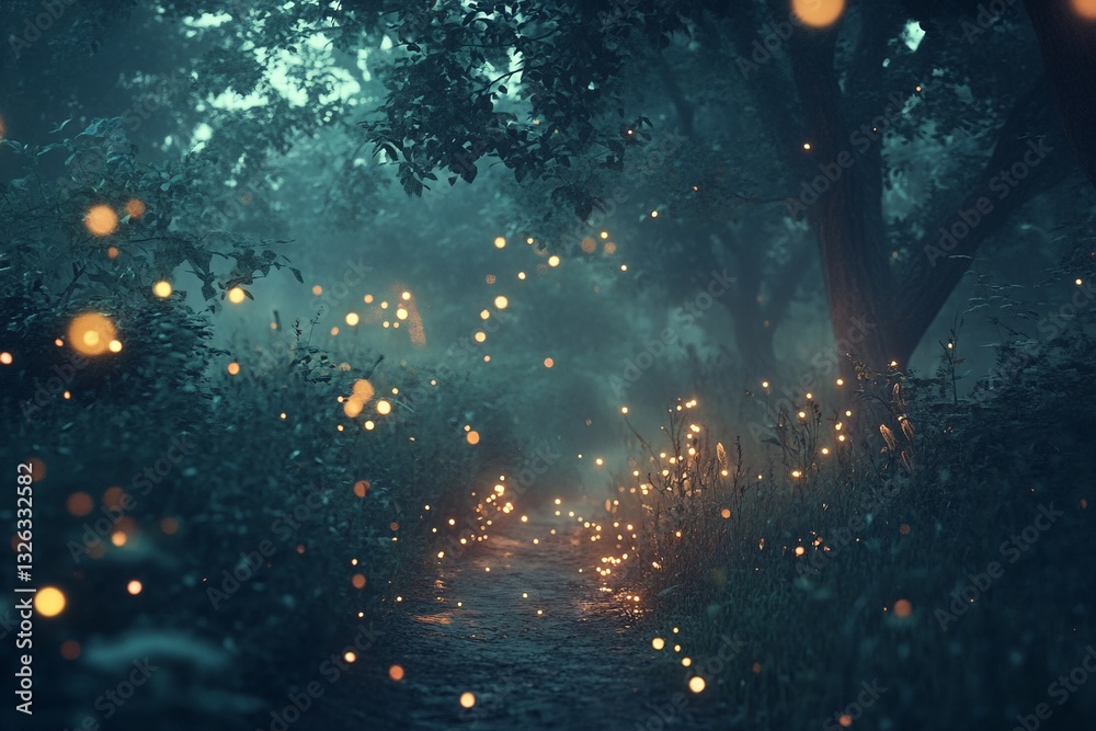 Aufkleber Magical forest path lit by glowing fireflies during twilight hours in a serene natural setting