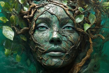 Obraz premium Face of nature embodies earth's beauty with intricate details of roots and leaves in a serene green backdrop