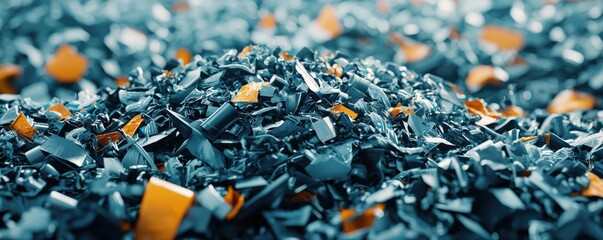 Close-up of mixed black and orange plastic shavings on a surface.