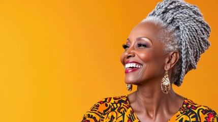 Radiant Senior Woman Smiling: A vibrant portrait of a beautiful senior woman with striking grey dreadlocks, radiating joy and confidence as she smiles brightly against a colorful background. 