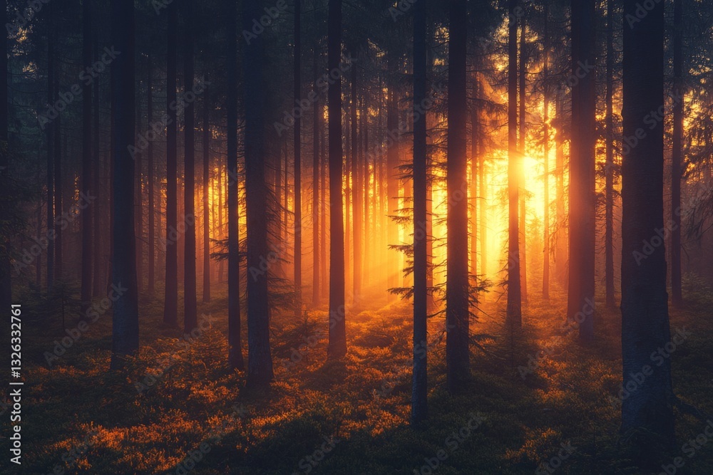 Aufkleber golden sunlight filters through tall trees in a serene forest at dawn with a warm glow illuminating 