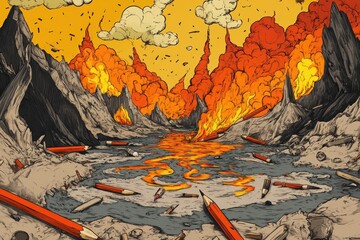 Naklejka premium A landscape depicting pencils amidst fire and rocky terrain