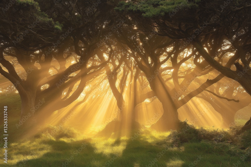 Poster Sunlight filters through ancient trees creating a golden atmosphere in a serene forest
