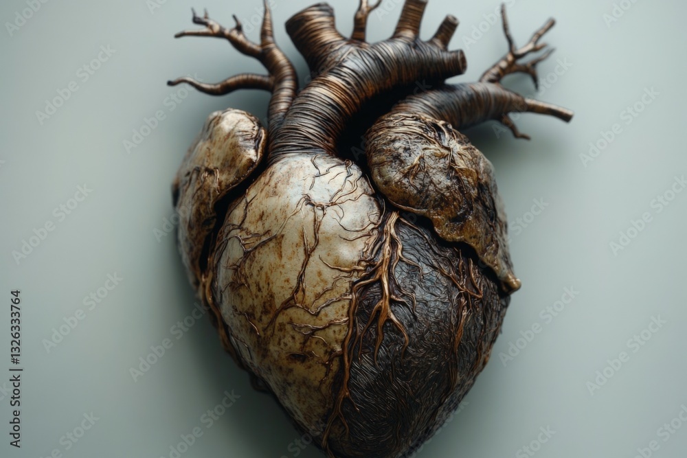 Poster detailed sculpture of a heart showcasing intricate roots and textures, highlighting the artistry and