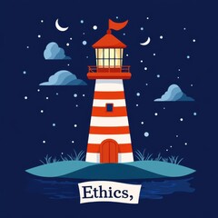 Ethical decision-making for responsible leadership. Red And White Lighthouse at Night with Stars and Clouds