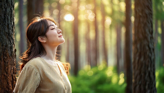 Asian women breathing fresh air, background in the forest, world health day