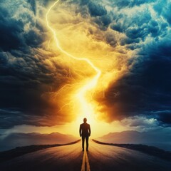 Fototapeta premium Ethical decision-making for responsible leadership. Silhouette of Man Walking Towards Bright Lightning Storm on Road