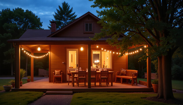 Cozy summer cottage with glowing string lights on a wooden porch at dusk